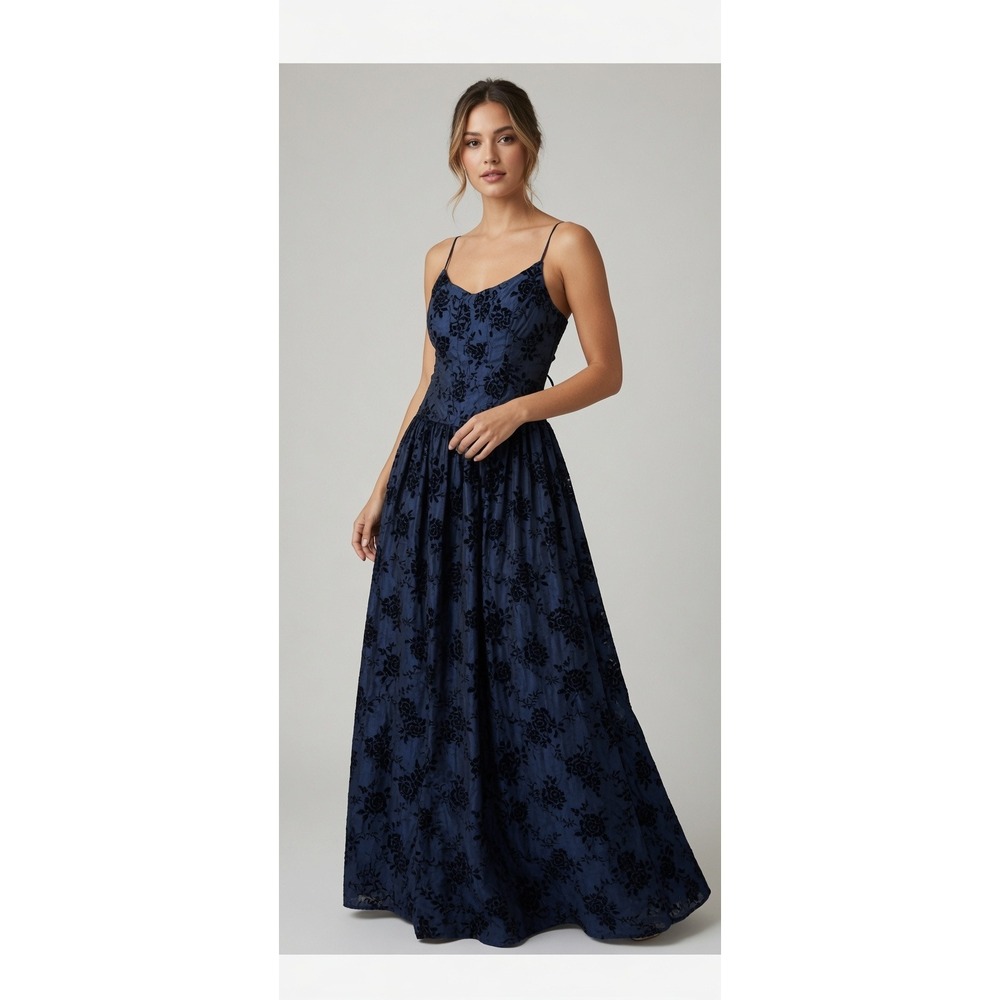 Vtg Y2K Scott McClintock Blue Burnout Velvet Lace Up Back Maxi Dress S Prom Hoco